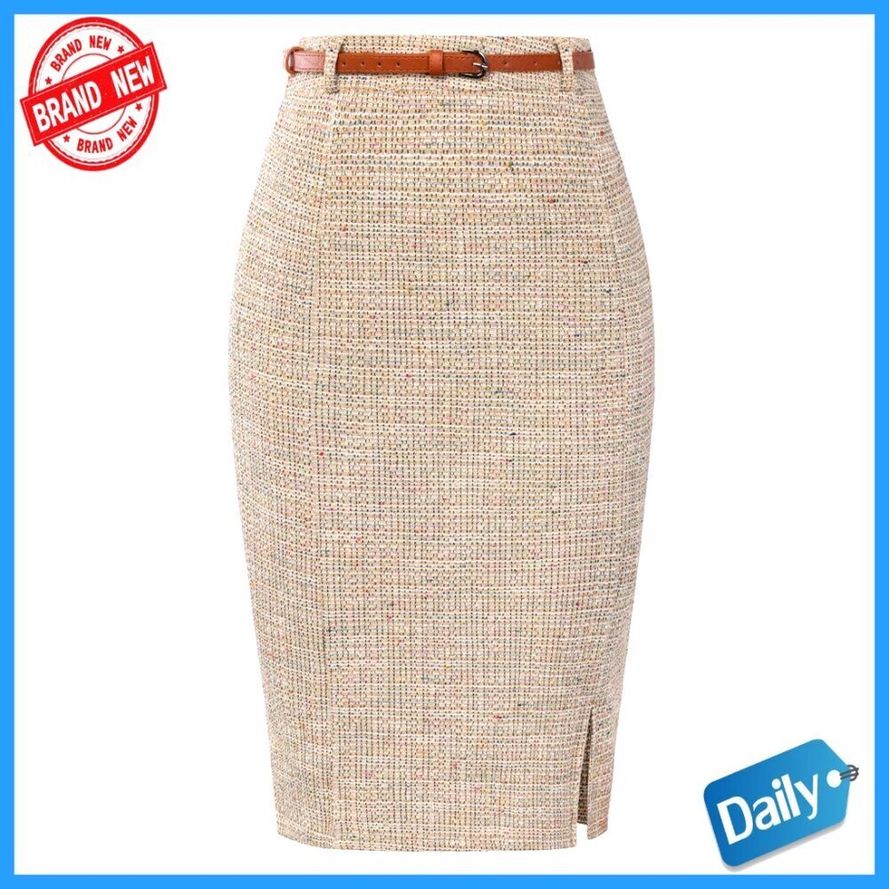 Knee Length Tweed Pencil Skirt High Waisted with Slit and Belt